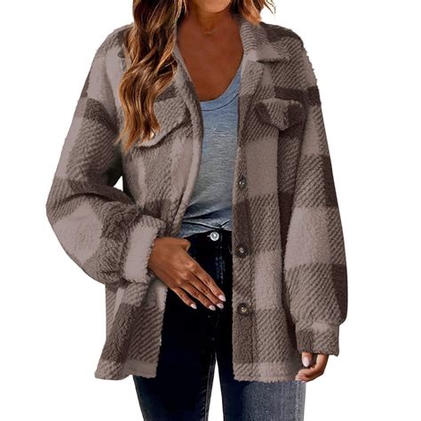 nerohusy Womens Plaid Shacket Jackets for Women Plus Size Fuzzy Fleece Buffalo Flannel Jacket ...