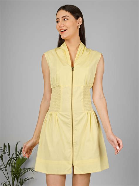 Sunlit Zip-Front Smocked Mini Dress - Pastel Yellow Cotton | All Queens ...