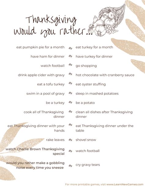 Would You Rather: Thanksgiving FREE Printable – Learn New Games