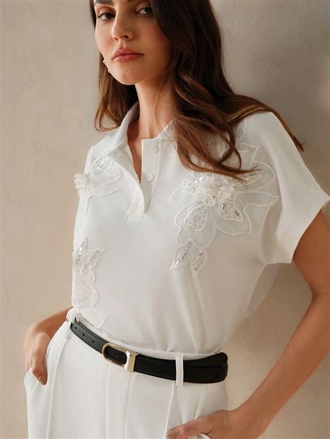 Anewsta Women's Urban Floral Embroidered Polo Collar Short Sleeve T ...