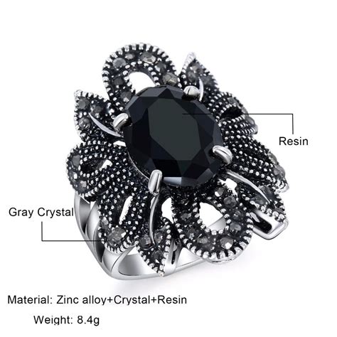 Buy Fabula Oxidised Silver Large Black Crystal Floral Cocktail Ring Online