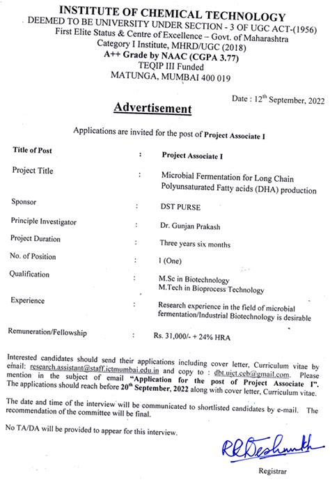 ICT Mumbai Industrial Biotech Project Vacancy