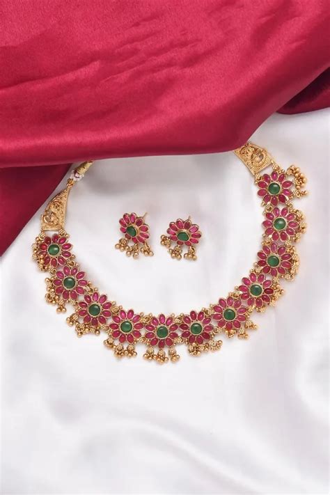 Gold Plated Floral Necklace with Earrings Set for Women - 1,Multicolor