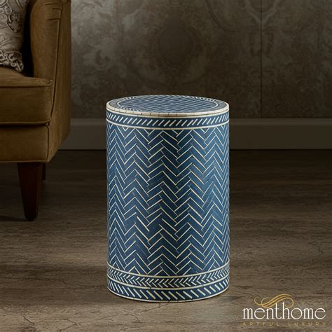 Navy and Gold Herringbone inlay Stool | Luxury Handmade Side Table ...