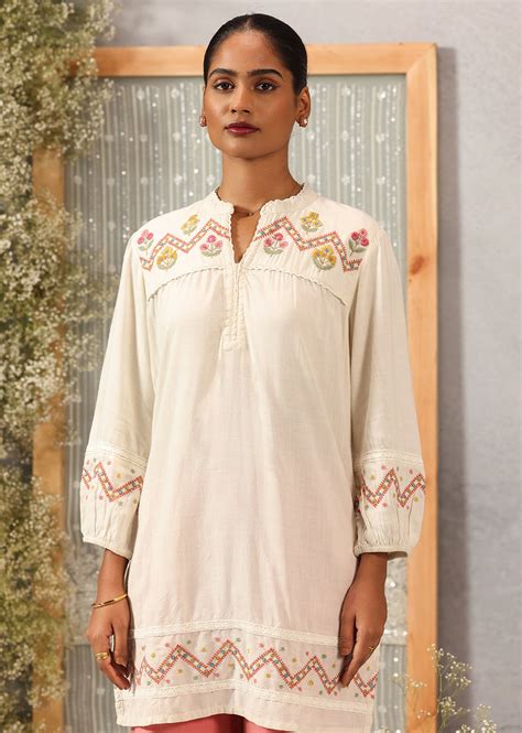 Ivory A line Rayon Tunic with Embroidery and Smocking effect Puffed ...