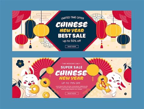 Flat horizontal banners set for chinese new year celebration | Free Vector