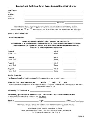 Fillable Online Lanhydrock Golf Club Open Event Competition Entry Form ...
