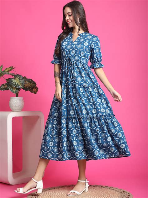 Blue Color Floral Printed Cotton Dress For Women – Claura Designs Pvt. Ltd.