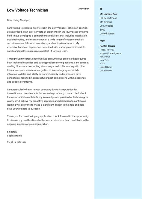 Low Voltage Technician Cover Letter Examples & Samples for 2025 - CVDesigner.ai