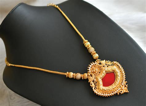 Gold tone white stone red palakka Kerala style kodi necklace dj-42081 ...