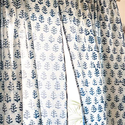 Indigo Twig Hand Block Print Floral Cotton Curtain for Doors & Windows ...