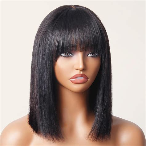 Amazon.com : NOFEPR Short Bob Wig With Bangs Human Hair Straight Bang ...