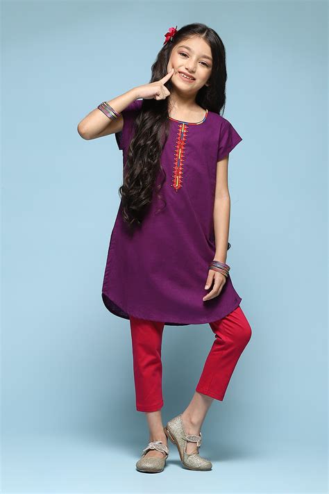 Buy Purple Cotton Straight Solid Kurta Set Online at Biba India