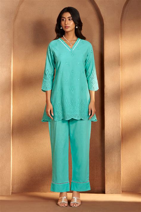 Women’s Pure Cotton Sky Blue Schiffli Co-Ord Set – DRESOUL WHOLESALE