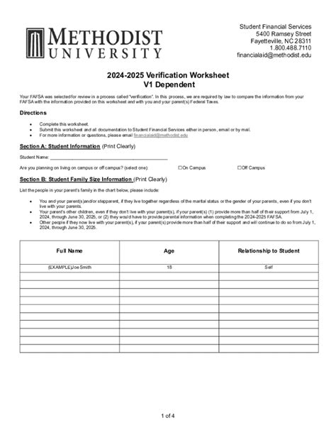 Fillable Online 20192020 Methodist College Verification Worksheet ...