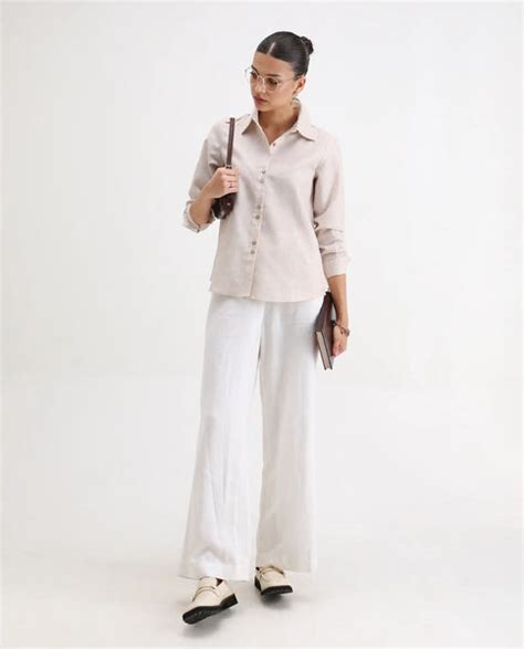 Rareism Women's Lippta Beige Polyester Spread Collar Plain Cuffed Slee