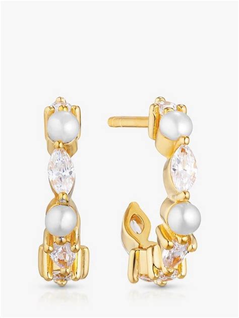 Sif Jakobs Jewellery Cubic Zirconia and Pearl Hoop Earrings, Gold