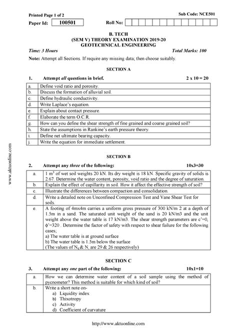Geotechnical Engineering nce501 2020 - Printed Page 1 of 2 Sub Code ...