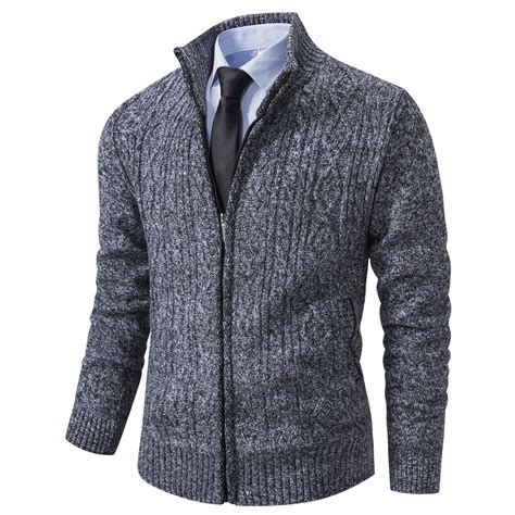 Vcansion Men's Stand Collar Zip-up Cardigan Sweater, Knitted, Velvet ...