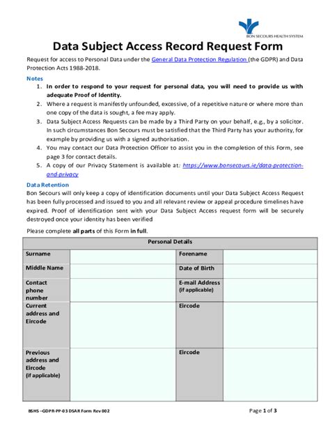 Fillable Online Data Subject Access Record Request Form Fax Email Print ...