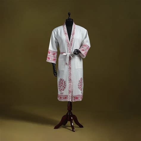 White Sanganeri Block Print Waffle Weave Handwoven Bath Robe