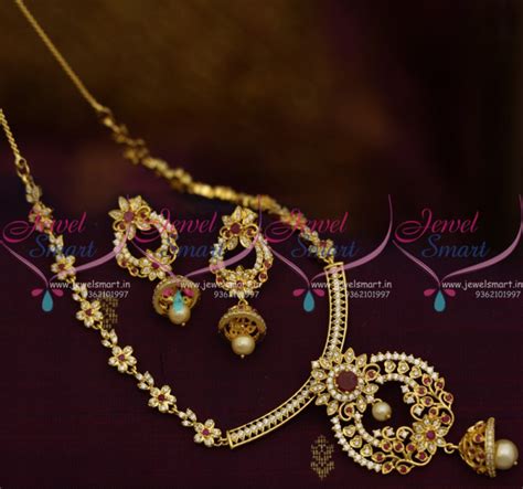 NL10030 Floral Design Ruby White Slider Chain Pendant Jhumka Drops ...