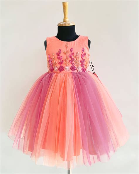 Peach & Coral Shade Flower Handwork Dual Shade Frock – Stanwells Kids