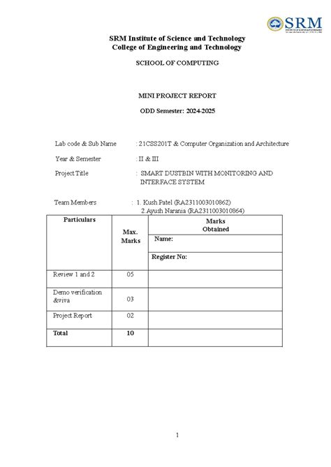 SMART DUSTBIN WITH MONITORING SYSTEM - MINI PROJECT REPORT 21CSS201T ...