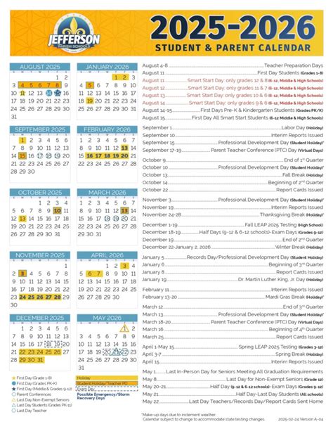 Jefferson Parish Schools Calendar LA 25-26 Revised [pdf] - EduCounty