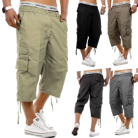 Mens 3/4 Shorts Elasticated Waist Long Length Cargo Combat Three ...