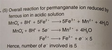 4 in acidic solution, permanganate ion is 9 the compou of is reduced by ...