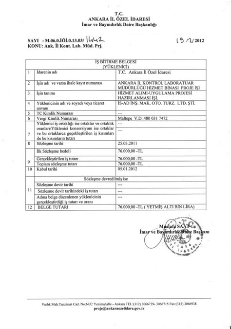 İl Kontrol Laboratuvarı İş Bitirme Belgesi • İsad Mimarlık