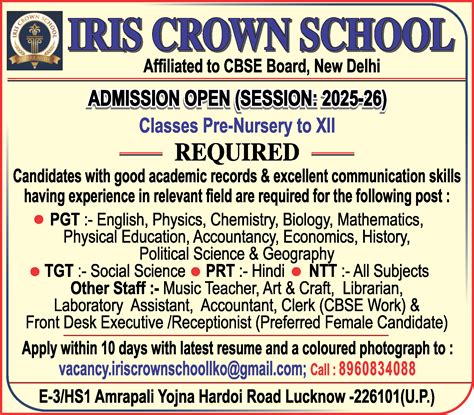 Laboratory Assistant job vacancy at IRIS Crown School