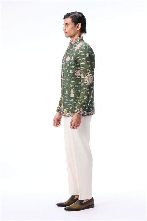 Buy Lush Green Appliqué Raw Silk Bandhgala Online | Aisha Rao