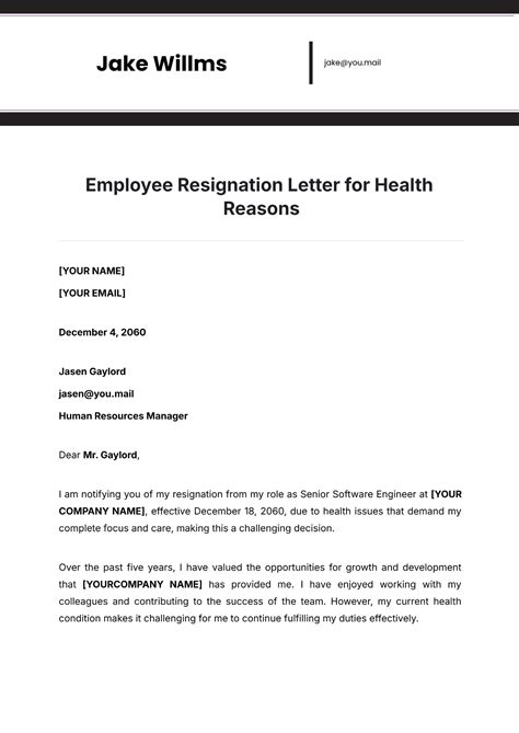 Free Employee Resignation Letter for Health Reasons Template to Edit Online