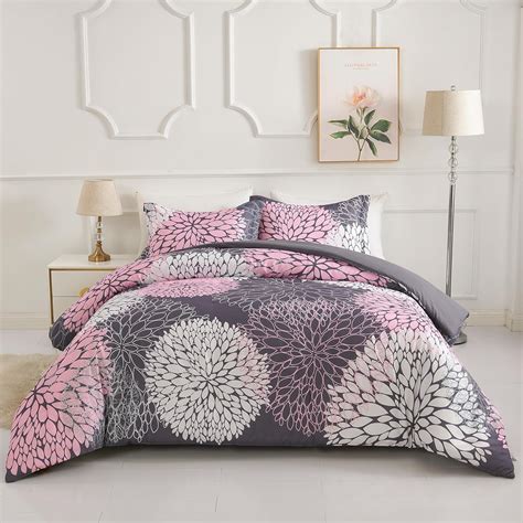 Koniroom 3PCS Pink and Grey Comforter Set Queen Size, Floral Bedding ...