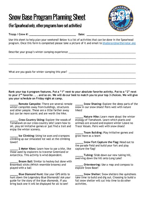 Fillable Online Snow Base Program Planning Sheet Fax Email Print ...