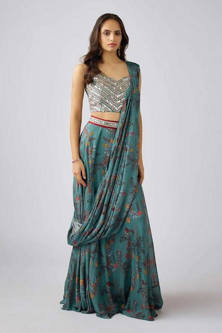 Buy Green Chinon Printed Floral Sweetheart Neck Pre-draped Lehenga ...