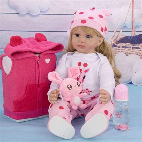 Lutka sa plavom kosom i očima u roze kompletiću sa zekom i flašicom ...