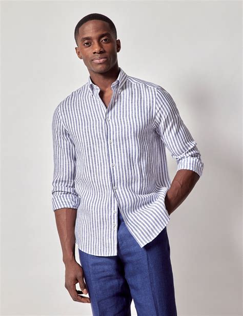 Men's Navy & White Stripe Pure Linen Slim Shirt – Button Down Collar ...