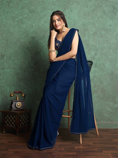 Buy Poly Chiffon Dyed Saree With Heavy Embroidered Blouse Piece 53556 ...