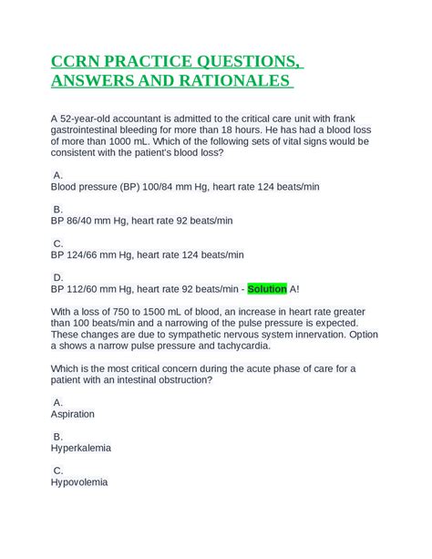 CCRN Practice Questions, Answers and Rationales | Exams Nursing | Docsity