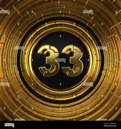 Gold number 33 (number thirty-three) with perforated black metal ...