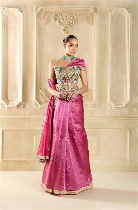 Fuchsia Pink Tissue Resham Embroidered Saree Set – Manish Malhotra