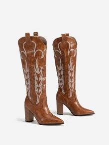 Stitch Detail Point Toe Chunky Heeled Western Boots, Brown Vacation ...