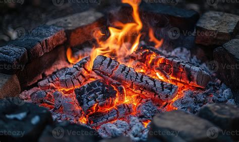 Fire crackling in a rustic stone hearth, glowing embers 49645845 Stock ...