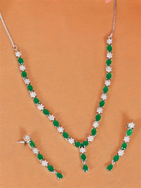 SwaDev Green & Silver American Diamond Studded Floral Jewellery Sets f