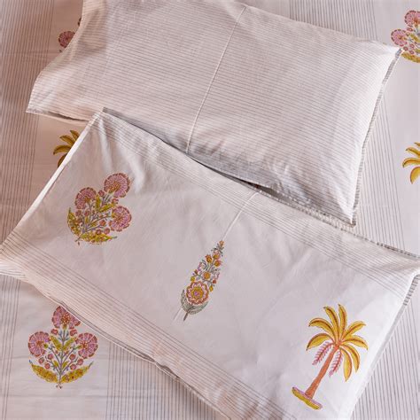 Malabar Yellow and Pink Blockprint Double Bed Cotton Bedsheet - King ...