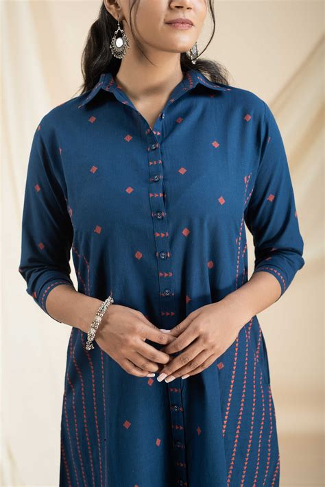 Blue Cotton Handloom Woven Ready-To-Wear A Line Co-ord Set With Cullot ...
