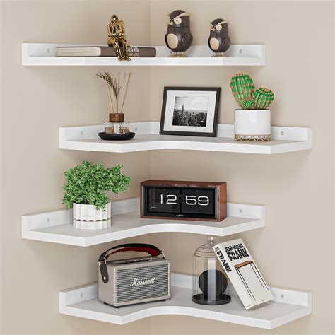 4 Tier Floating Corner Wall Shelves Set of 4, White Wooden Floating ...